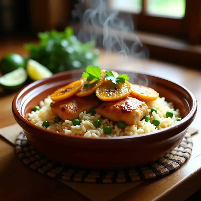 Plato hondo de barro con arroz con pollo a la cubana, trozos de pollo dorado, guisantes verdes, rodajas de plátano maduro caramelizado y cilantro fresco. Receta caribeña tradicional.
