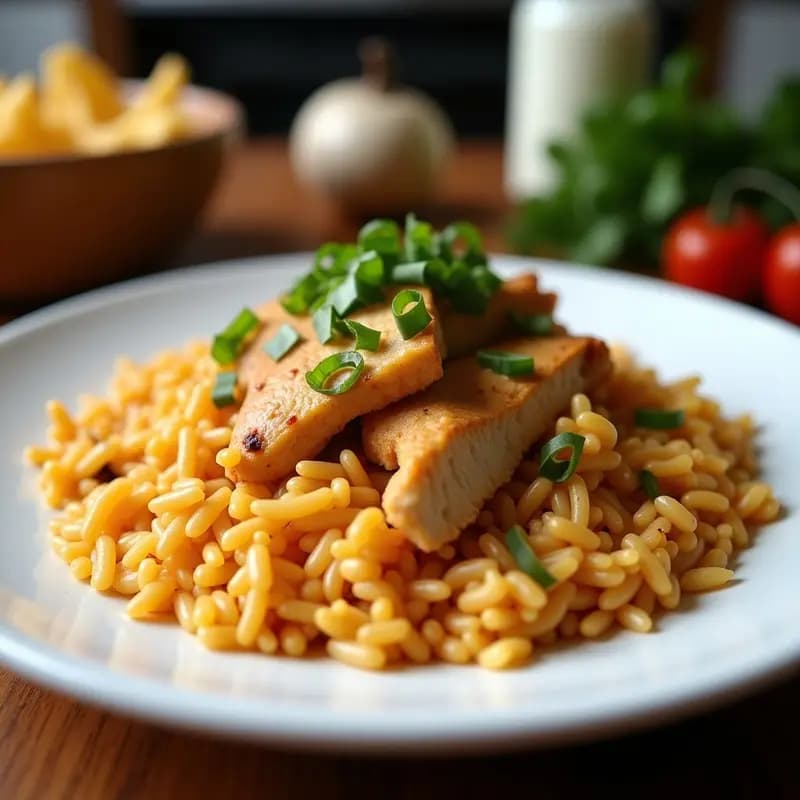 Plato hondo de cerámica blanca con arroz con pollo y culantro al estilo dominicano, servido con trozos de pollo dorado, aceitunas verdes y culantro fresco picado. Fondos de cocina rústica con tostones al lado.