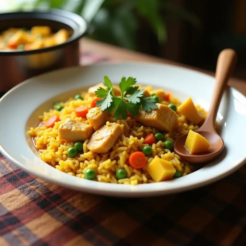 Plato hondo de barro con arroz con pollo al curry y pisos dominicano, servido en olla de cocción lenta, decorado con cilantro fresco y trozos de pollo jugoso.