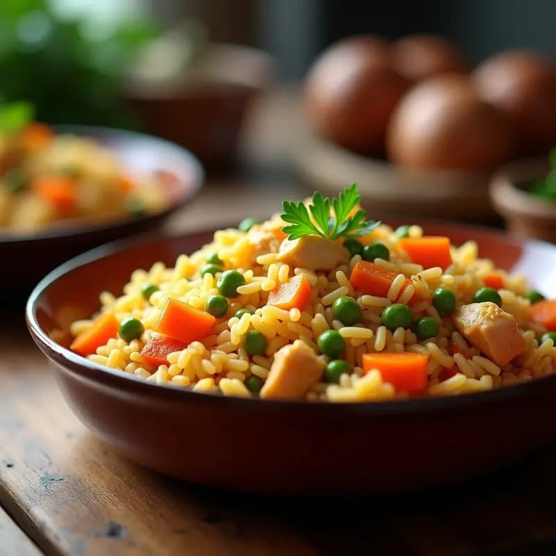 Plato hondo de barro con arroz con pollo y verduras en olla exprés, trozos de pollo dorado, zanahoria naranja, pimiento verde y guisantes, servido con un chorrito de aceite de oliva.
