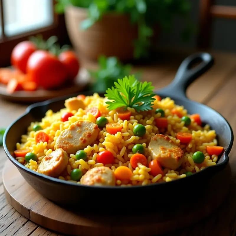 Sartén de hierro fundido con arroz con pollo y verduras recién hecho: trozos de pollo dorado, zanahoria, pimiento verde y guisantes mezclados con arroz redondo de color amarillo dorado, decorado con perejil fresco.