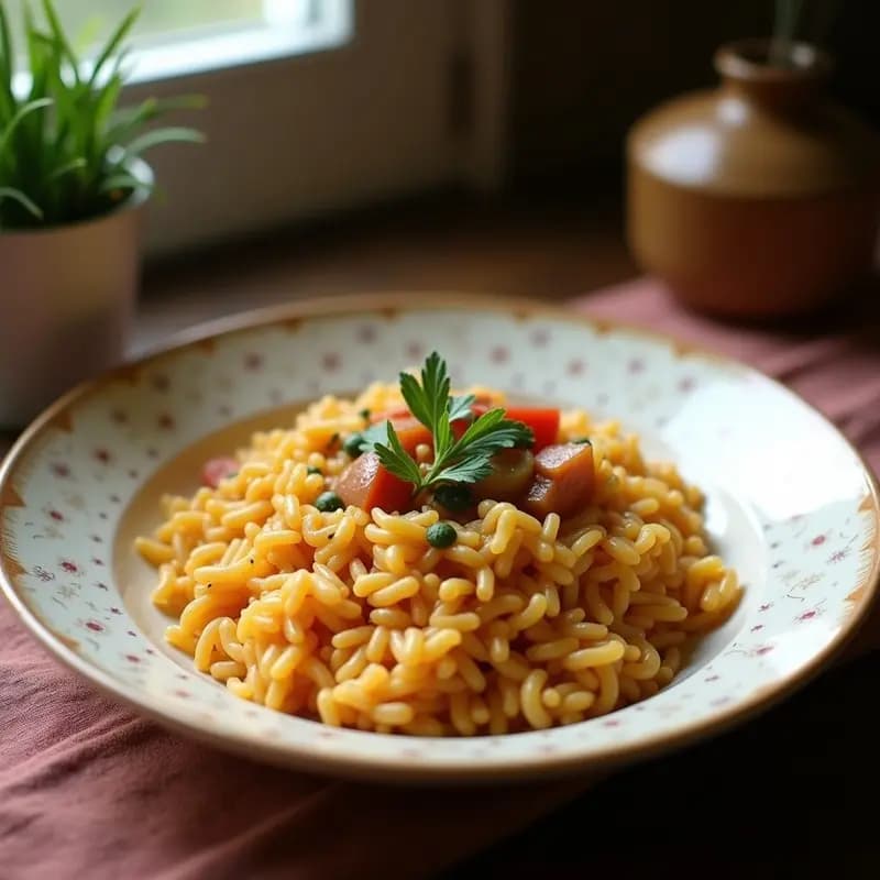 Plato hondo de barro con arroz salvaje oscuro mezclado con setas morillas doradas, azafrán en hebras y perejil fresco, servido en un mantel rústico de lino. Receta de montaña de arroz salvaje con setas morillas y azafrán en olla rápida.