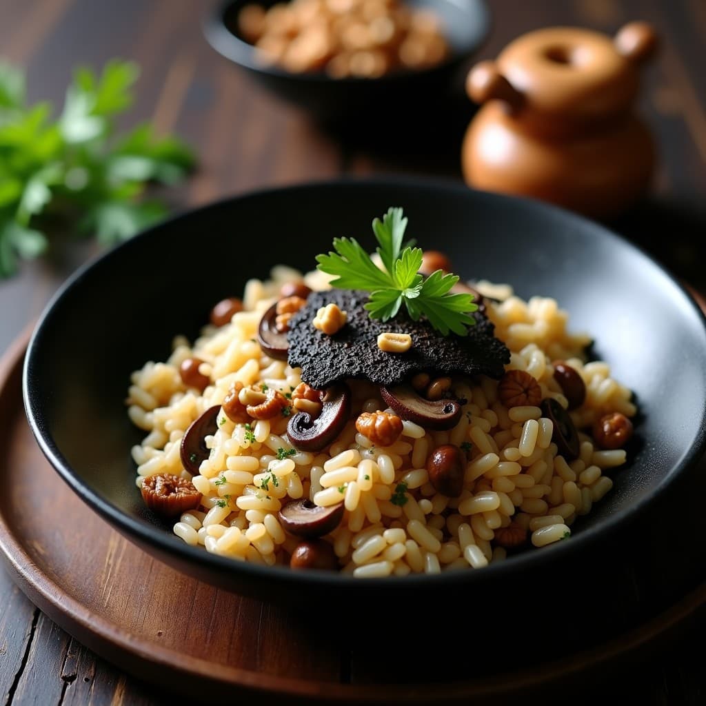 Plato hondo de cerámica negra con arroz salvaje al dente, setas doradas, láminas de trufa negra y nueces tostadas, decorado con perejil fresco. Receta gourmet de arroz salvaje con setas y trufa negra.