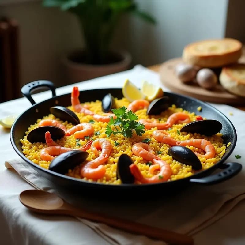 Paellera de acero con arroz senyoret dorado y meloso, rodeado de marisco variado: gambas peladas, mejillones abiertos en su concha, calamares en anillos y almejas. Decorado con gajos de limón y perejil fresco, sobre un mantel rústico de lino.