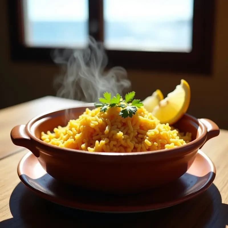 Cazuela de barro humeante con arroz con things (lapas) a la canaria, decorado con perejil fresco y acompañado de mojo verde en un cuenco pequeño. Plato tradicional canario con toque volcánico.
