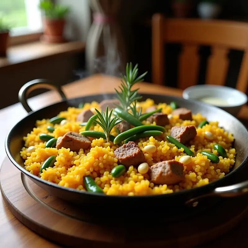 Paellera de acero con arroz a la valenciana humeante, trozos de conejo dorado, garrofón blanco, judías verdes, alcachofas y pimiento asado. Socarrat crujiente en el fondo y gajos de limón al lado. Plato tradicional de campo valenciano.