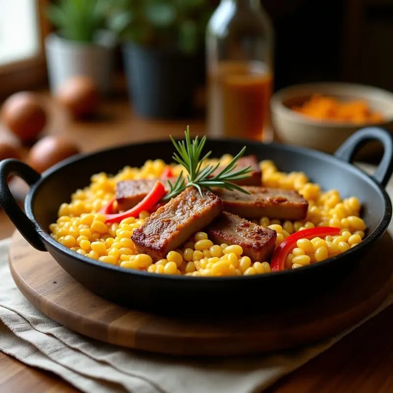 Sartén grande de hierro con arroz a la valenciana recién hecho, costillas de cerdo doradas, garrofó blanco y verduras sofritas, decorado con una rama de romero fresco y hebras de azafrán.