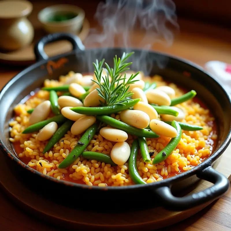 Paellera de barro con arroz a la valenciana con garrofó y judías verdes, decorado con hebras de azafrán y romero fresco, típico plato tradicional valenciano.
