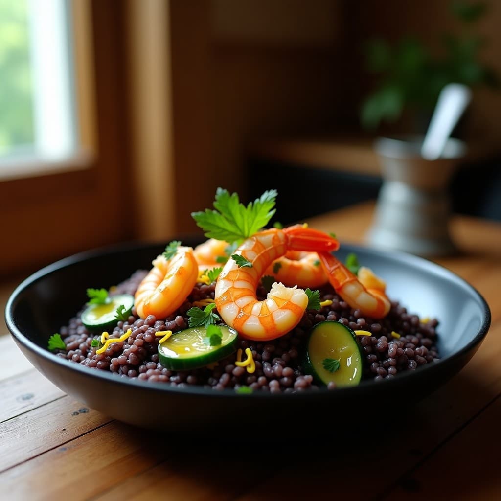 Plato hondo de cerámica negra con arroz Venere de color oscuro, juliana de calabacín verde claro y gambas rosadas. Decorado con perejil fresco y zest de limón. Fondo borroso de cocina rústica con luz natural.