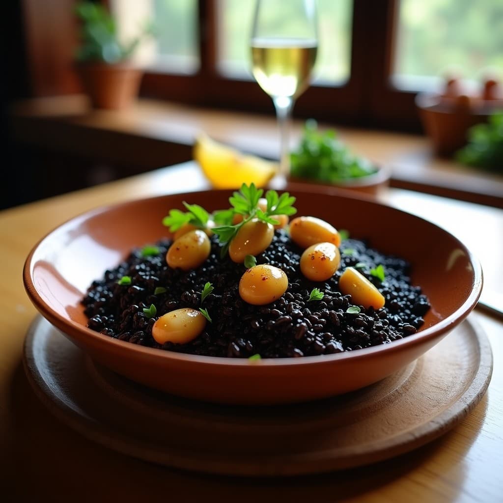 Plato hondo de barro con arroz Venere negro brillante, caracoles de mar dorados, perejil fresco y hebras de azafrán, servido con gajos de limón. Receta mediterránea de arroz Venere con caracoles y azafrán en olla express.