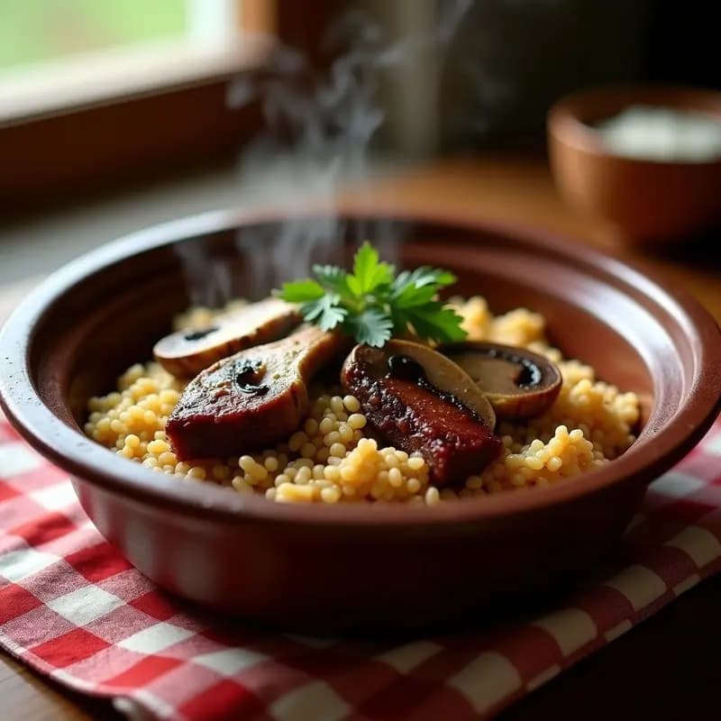 Olla de barro humeante con arroz a la Würtemberg, costillas de cerdo tiernas y champiñones dorados, espolvoreado con perejil fresco. Plato tradicional alemán adaptado a la cocina casera española.
