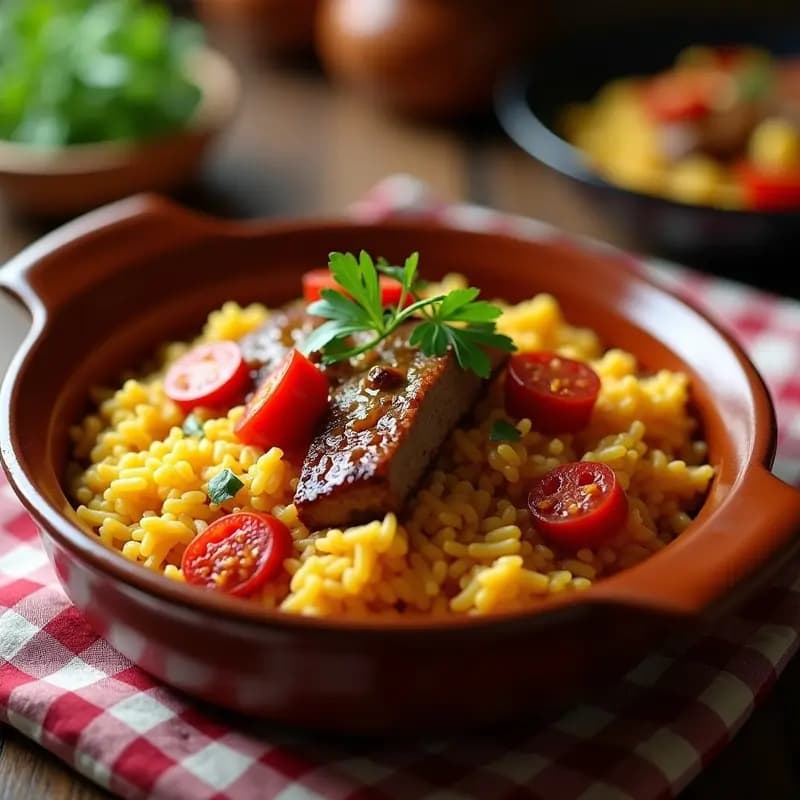 Plato hondo de barro con arroz a la zamorana, granos melosos bañados en caldo espeso dorado, trozos de costilla de cerdo tierna y rodajas de chorizo fresco. Acompañado de una rebanada de pan rústico y decorado con una pizca de pimentón por encima. Foto de receta tradicional española en olla exprés.