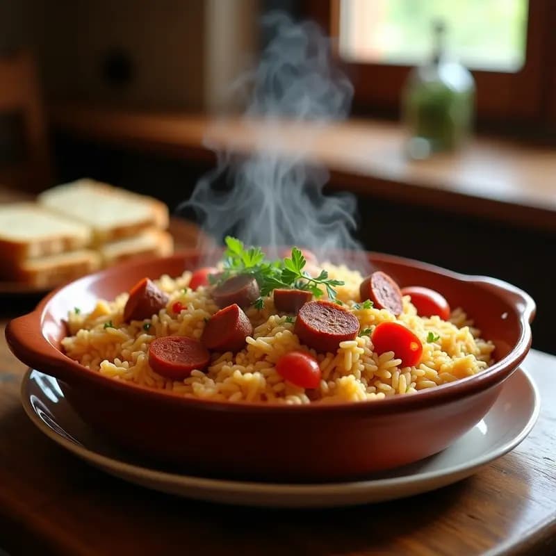 Cazuela de barro humeante con Arroz a la Zamora, costilla de cerdo dorada y rodajas de chorizo fresco, rodeado de pimiento rojo y tomate. Plato tradicional zamorano meloso y reconfortante.