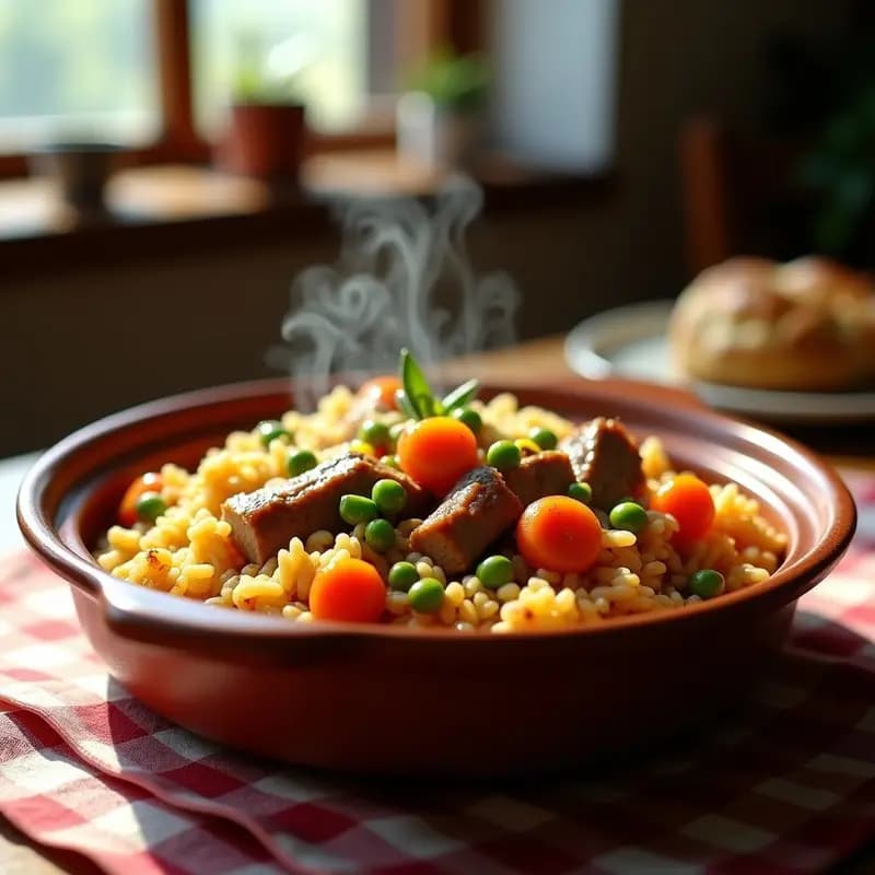 Cazuela de barro con arroz a la zamorana recién hecho, costillas de cerdo doradas, zanahoria, pimiento y guisantes, servido humeante sobre una mesa rústica.