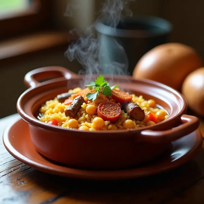 Olla de barro humeante con arroz a la Zamorana, garbanzos, trozos de costilla de cerdo y chorizo, decorado con pimentón y perejil fresco sobre fondo rústico de madera.