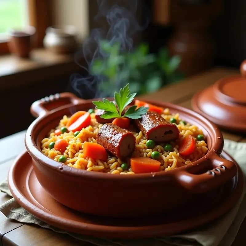 Cazuela de barro humeante con arroz a la zamorana, costilla de cerdo dorada, rodajas de chorizo y verduras, servido en un mantel rústico de lino. Plato tradicional español con toque ahumado.