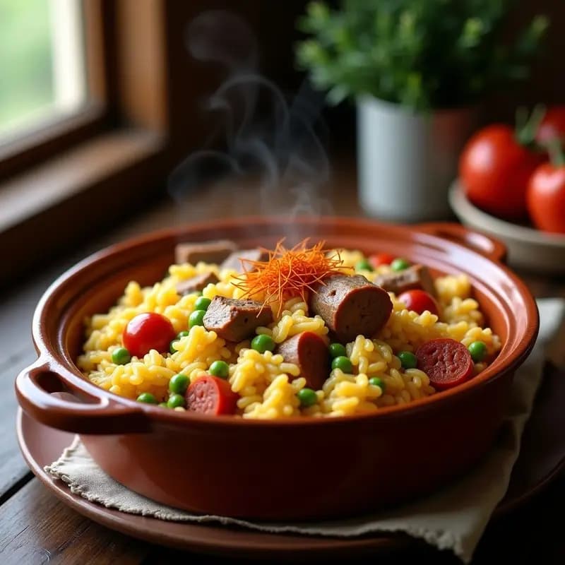 Cazuela de barro humeante con arroz a la zamorana, costillas de cerdo doradas, chorizo en rodajas y guisantes, espolvoreado con azafrán y pimentón, sobre fondo rústico de madera.