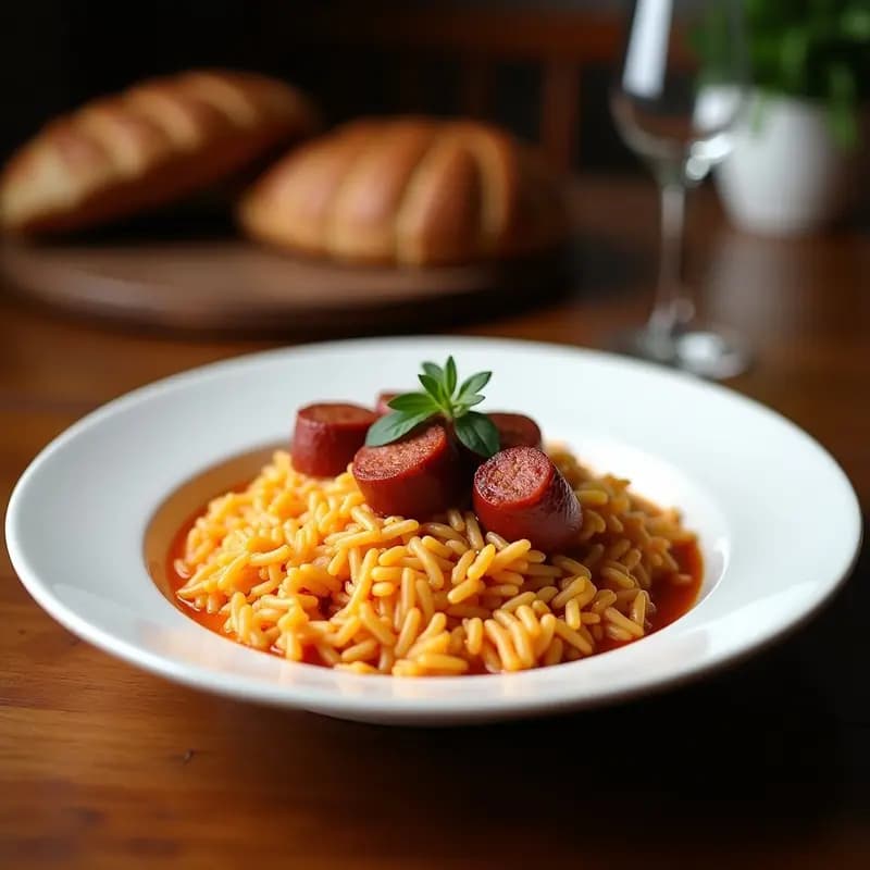 Cazuela de barro humeante con Arroz a la Zamorana con Costillas de Cerdo Ibérico y Chorizo, granos de arroz melosos mezclados con trozos de costilla jugosa y rodajas de chorizo dorado, decorado con romero fresco sobre fondo rústico de madera.
