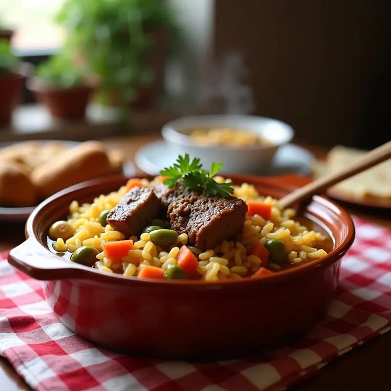 Cazuela de barro humeante con arroz a la zamorana, costillas de cerdo doradas, zanahorias, guisantes y pimiento verde, servido en un plato rústico de loza blanca sobre mantel de cuadros rojos y blancos.