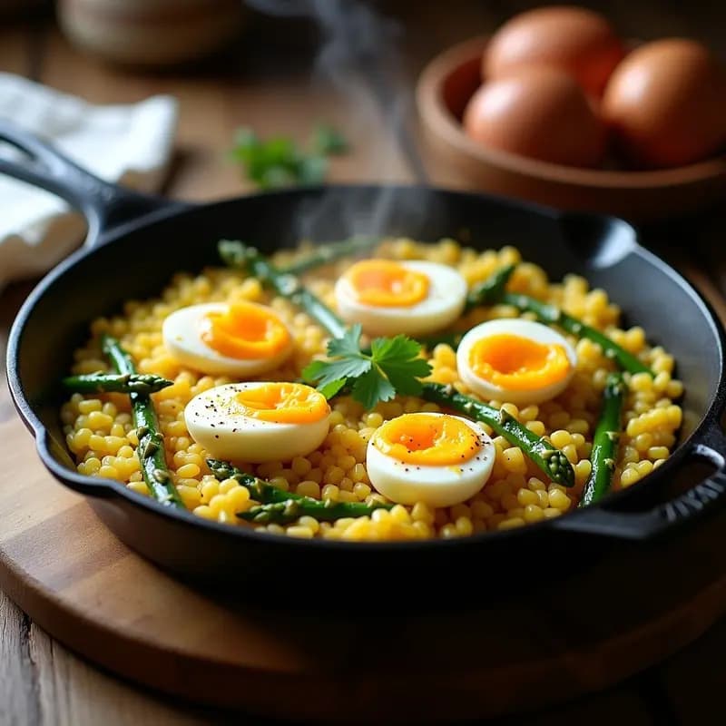 Sartén de hierro con arroz a la zamorana humeante, espárragos trigueros verdes asomando entre los granos dorados, huevos de codorniz enteros en la superficie y perejil fresco espolvoreado, receta tradicional española.