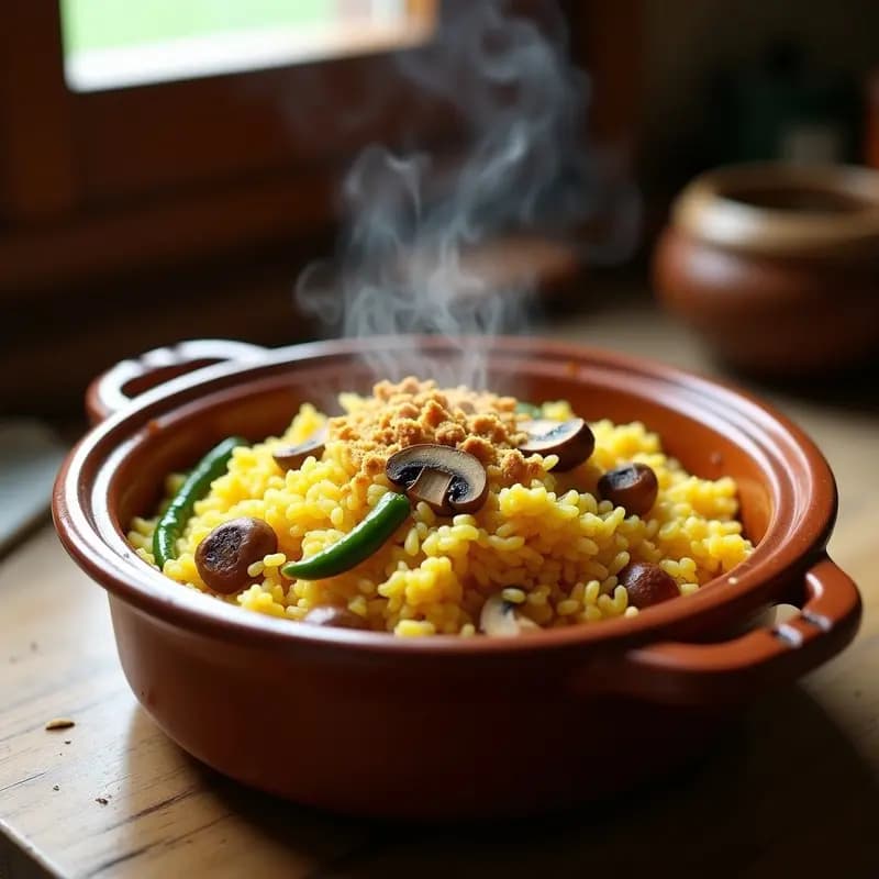 Plato hondo de barro con arroz a la zamorana, setas doradas, azafrán y perejil fresco, receta tradicional de Castilla y León.