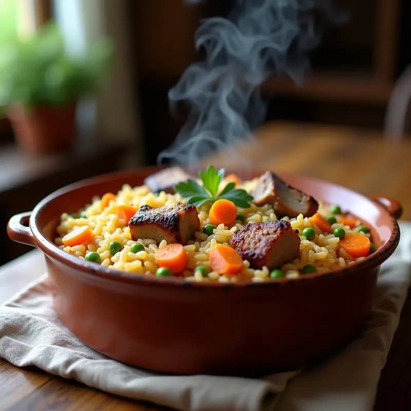 Cazuela de barro humeante con arroz a la zamorana, costillas de cerdo doradas, zanahorias, pimientos y guisantes, servido en un entorno rústico.