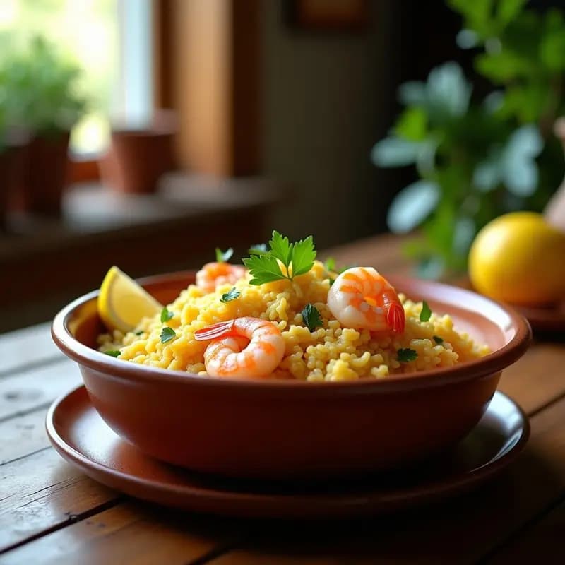 Plato hondo de barro con arroz a la zaragozana, alcachofas en cuartos, gambas rosadas y perejil fresco, servido sobre una mesa rústica de madera con un limón al lado.