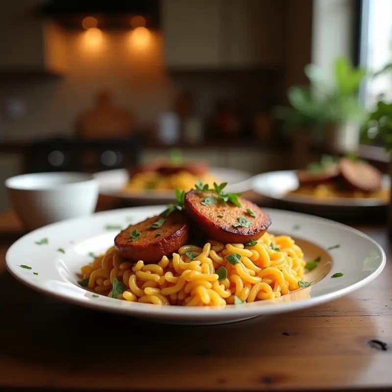 Plato hondo de barro con arroz a la zorza murciana, costillas de cerdo doradas, rodajas de morcilla y un toque de perejil fresco. Receta tradicional en olla express.