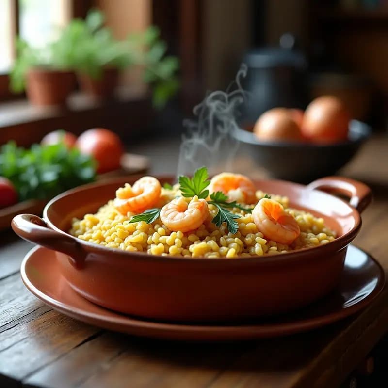 Paellera de barro con arroz a la Zumaya meloso, alcachofas en cuartos y gambas rosadas, decorado con perejil fresco y rodaja de limón, receta tradicional murciana.