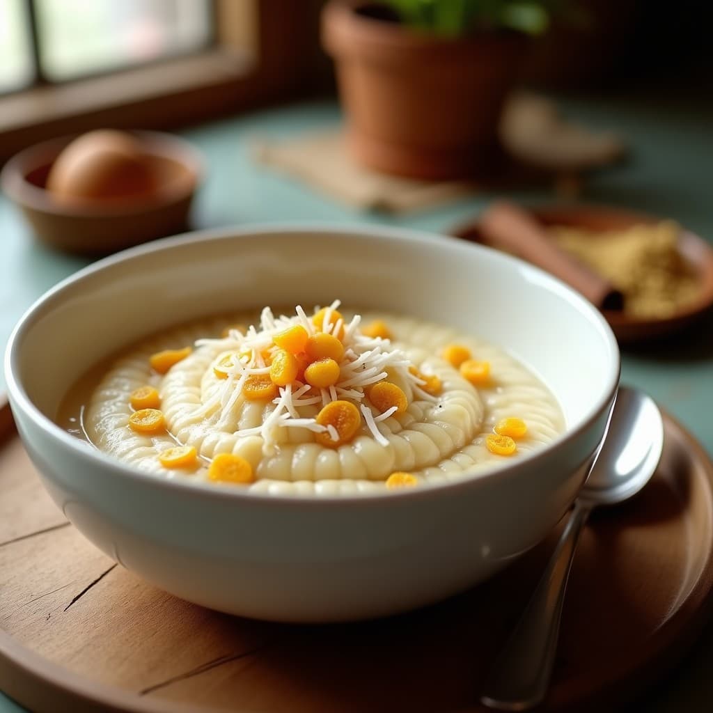 Postre cremoso de ArrozConLeche de Quinoa y Cardamomo servido en un bol de cerámica blanca, decorado con coco rallado, pasas y un toque de cardamomo molido, sobre una mesa de madera rústica con especias al fondo.