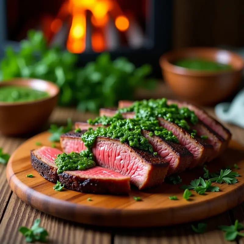 Plato de madera rústico con rodajas gruesas de asado de tira jugoso, cubierto con chimichurri de perejil fresco de color verde vibrante. Al fondo, parrilla humeante y hierbas frescas.