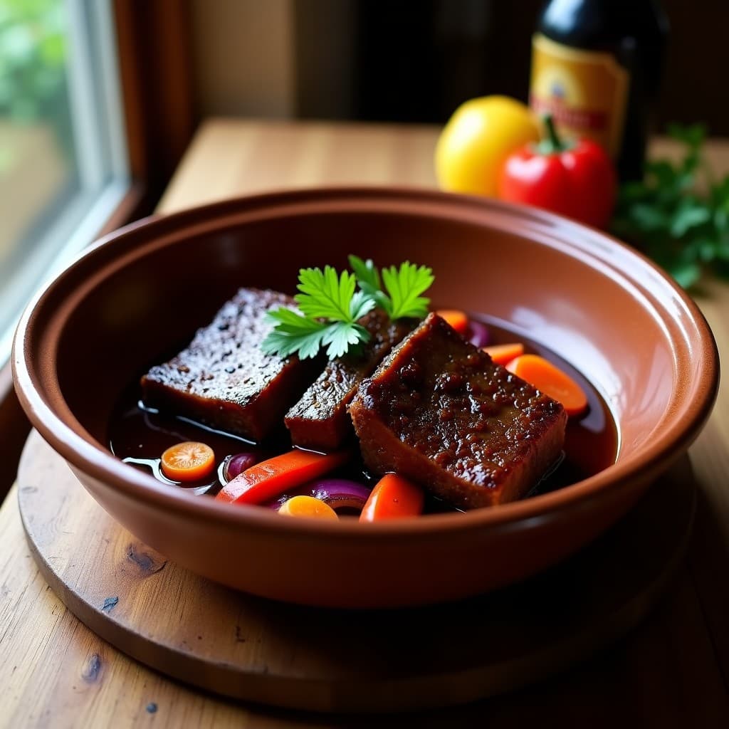 Plato hondo de barro con asado de tira en salsa de cerveza negra y miel, carne dorada y tierna bañada en una salsa oscura y brillante, acompañado de zanahorias glaseadas y ramitas de romero fresco. Receta argentina en olla lenta.