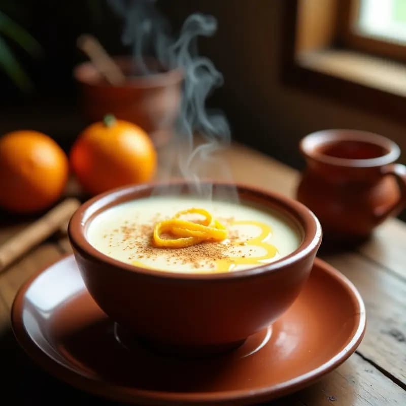 Tazón de barro humeante con atole de avena y canela espeso, coronado con un hilo de miel dorada y una pizca de canela en polvo. Fondo rústico con una rama de canela y cáscara de naranja al lado, resaltando su origen tradicional mexicano.