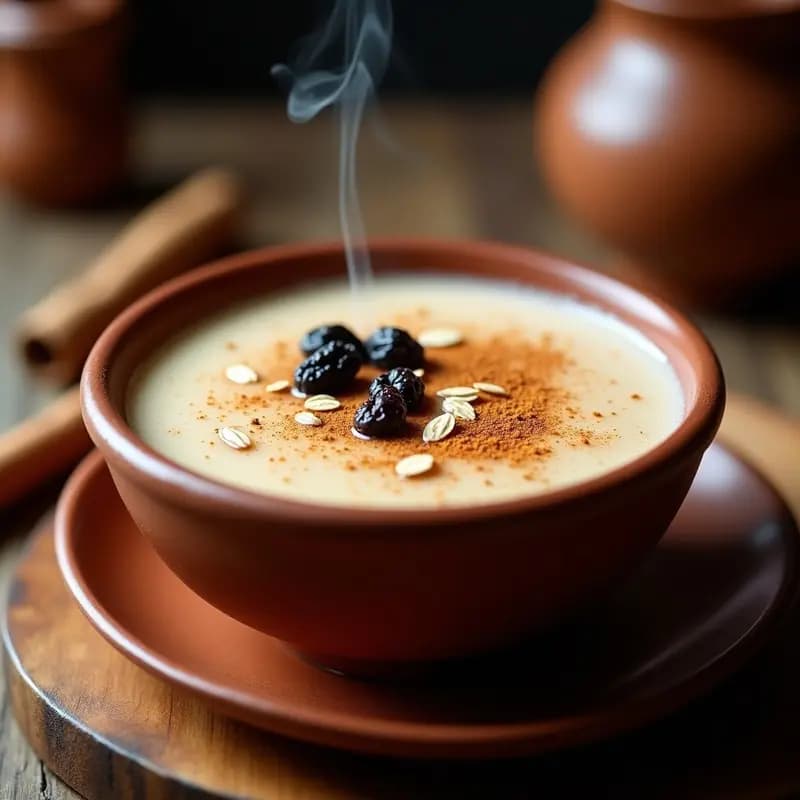 Tazón de barro humeante con atole de avena cremoso, espolvoreado con canela en polvo y trocitos de pasas negras. Fondo rústico con rama de canela y hojas de avena dispersas.