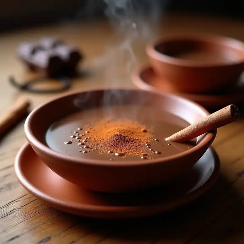 Tazón de barro humeante con atole de chocolate espeso, decorado con una rama de canela y semillas de vainilla, sobre una mesa de madera rústica con fondo de textil tejido mexicano.
