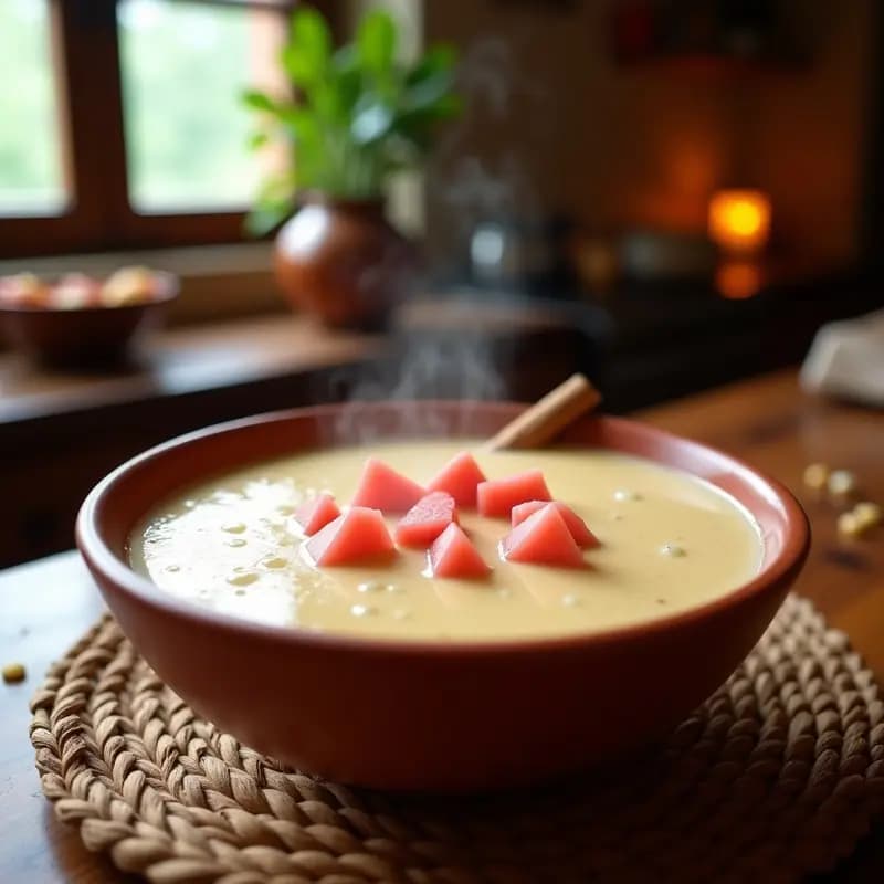 Tazón de barro humeante con atole de guayaba y maíz sin lactosa, de color crema con trozos de guayaba, decorado con una ramita de canela y servido sobre una mesa rústica de madera.