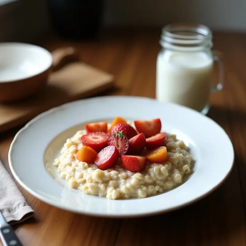 Tarro de vidrio transparente lleno de avena nocturna con chía y leche de coco, decorado con coco rallado tostado, cubos de guayaba fresca y almendras fileteadas. Plato de desayuno colombiano sin gluten, cremoso y energético.
