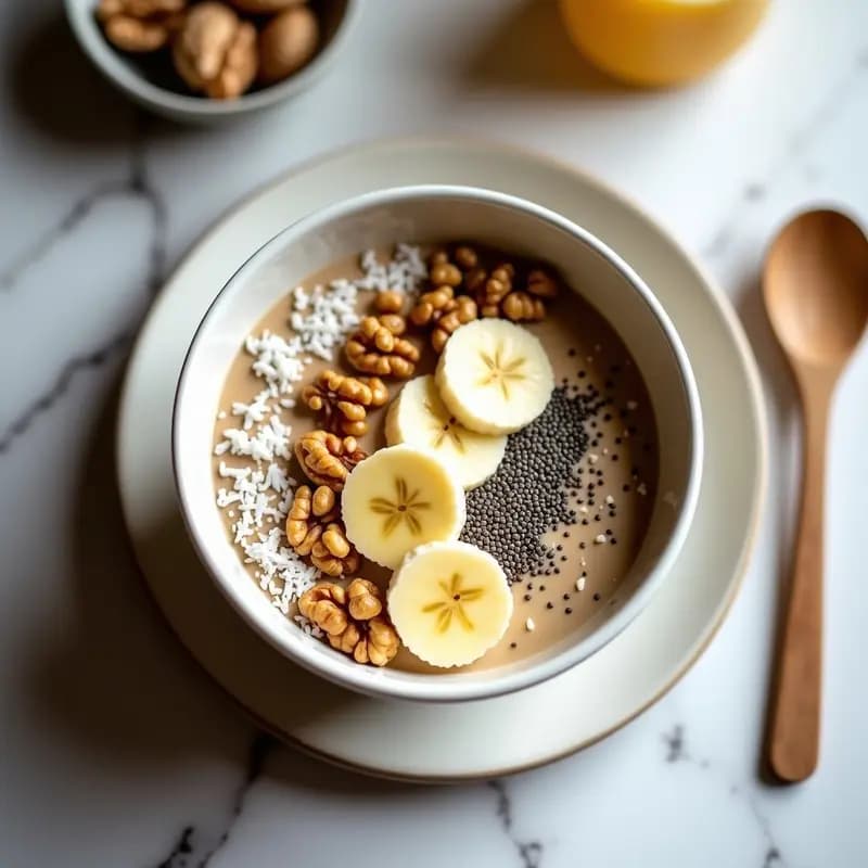 Tarro de vidrio transparente con avena nocturna cremosa, semillas de chía visibles, rodajas de plátano maduro encima, nueces picadas y un espolvoreado de canela. Desayuno sin cocinar listo para llevar.