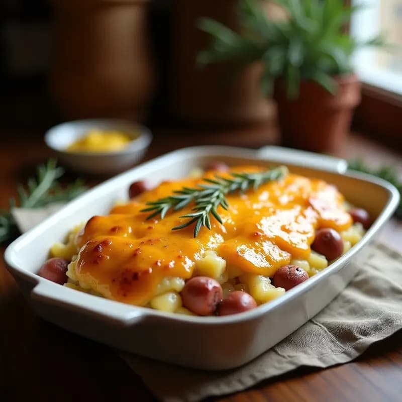 Pastel de patata alemán B Eberhard recién horneado en molde rectangular, con capa dorada y crujiente de pan rallado, relleno de salchichas de Frankfurt en rodajas y sauerkraut. Acompañado de hojas de perejil fresco.