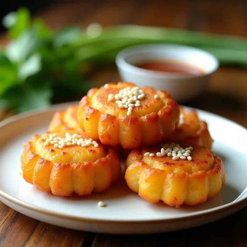 Tortas doradas de B Linh Giong vietnamita con superficie crujiente y semillas de sésamo, apiladas en un plato de cerámica blanca con fondo de madera rústica y hierbas frescas.