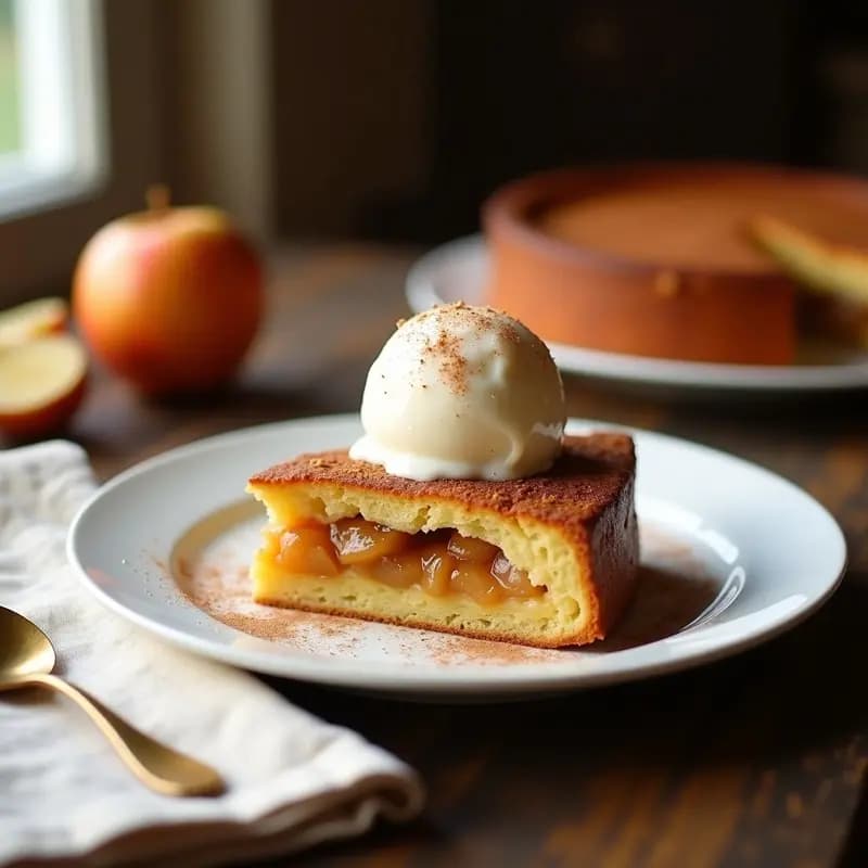 B Neuburgese de manzana y canela recién horneado en molde redondo, con láminas de manzana doradas dispuestas en espiral sobre una masa esponjosa. Servido en plato blanco con una bola de helado de vainilla derritiéndose ligeramente en el centro, espolvoreado con canela en polvo. Postre austriaco tradicional.