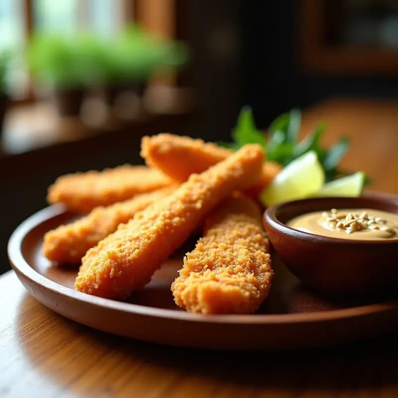 Tiras doradas y crujientes de B Oficina de Gallina con especias sudafricanas, servidas en un plato de madera con salsa cremosa de cacahuete y lima al lado, decoradas con cilantro fresco y rodajas de lima.