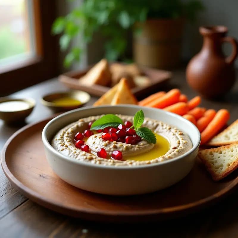 Bol de cerámica blanca con Baba Ganoush cremoso de berenjena asada, decorado con semillas de granada rojas brillantes, hojas de menta fresca y un hilo de aceite de oliva dorado. Acompañado de pan de pita tostado y bastones de zanahoria sobre fondo rústico de madera.