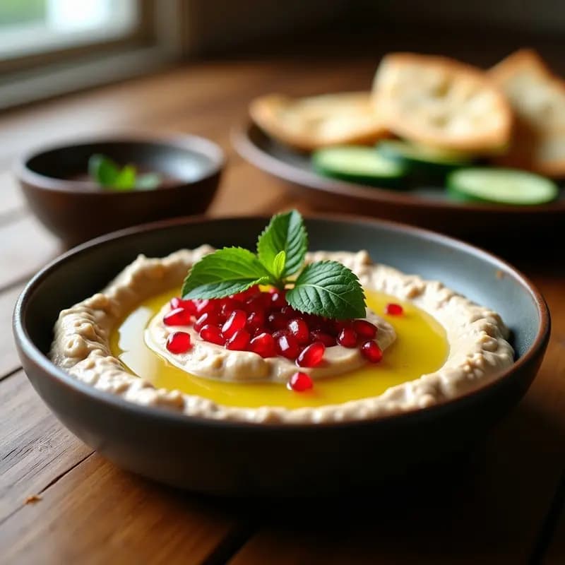 Bol de cerámica blanca con Baba Ganoush cremoso, decorado con semillas de granada rojas brillantes, hojas de menta verde y un hilo de aceite de oliva dorado sobre fondo rústico de madera. Dip libanés gourmet sin lactosa.