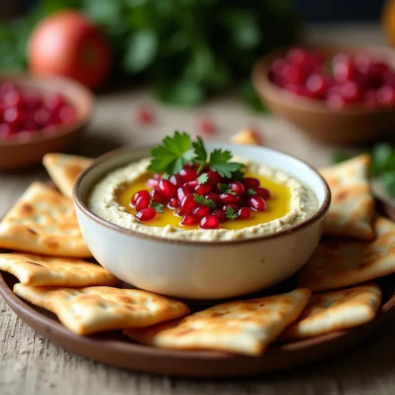 Plato hondo de cerámica blanca con Baba Ganoush cremoso de berenjena ahumada, decorado con semillas de granada rojas brillantes, hojas de menta fresca y un hilo de aceite de oliva dorado. Acompañado de triángulos de pan de pita integral tostado, sobre una mesa de madera rústica con especias al fondo.