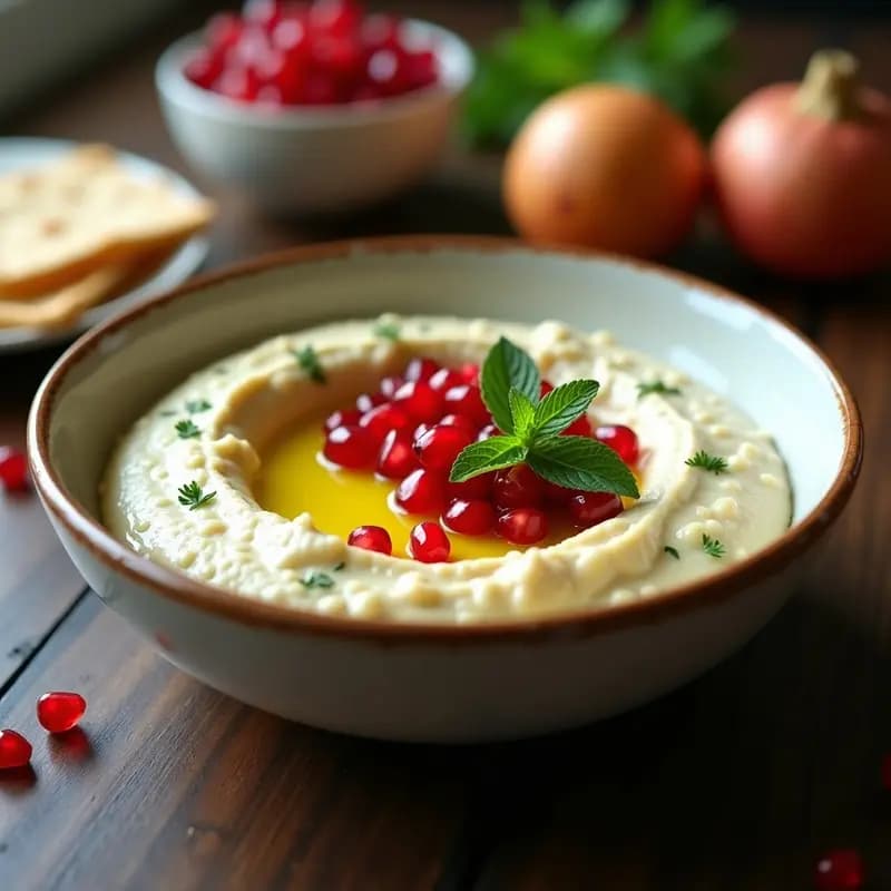 Bol de cerámica blanca con Babama Ghanoush cremoso, decorado con granos de granado rojos, hojas de menta verde y un hilo de aceite de oliva dorado sobre fondo rústico de madera. Dip libanés vegano y sin gluten.