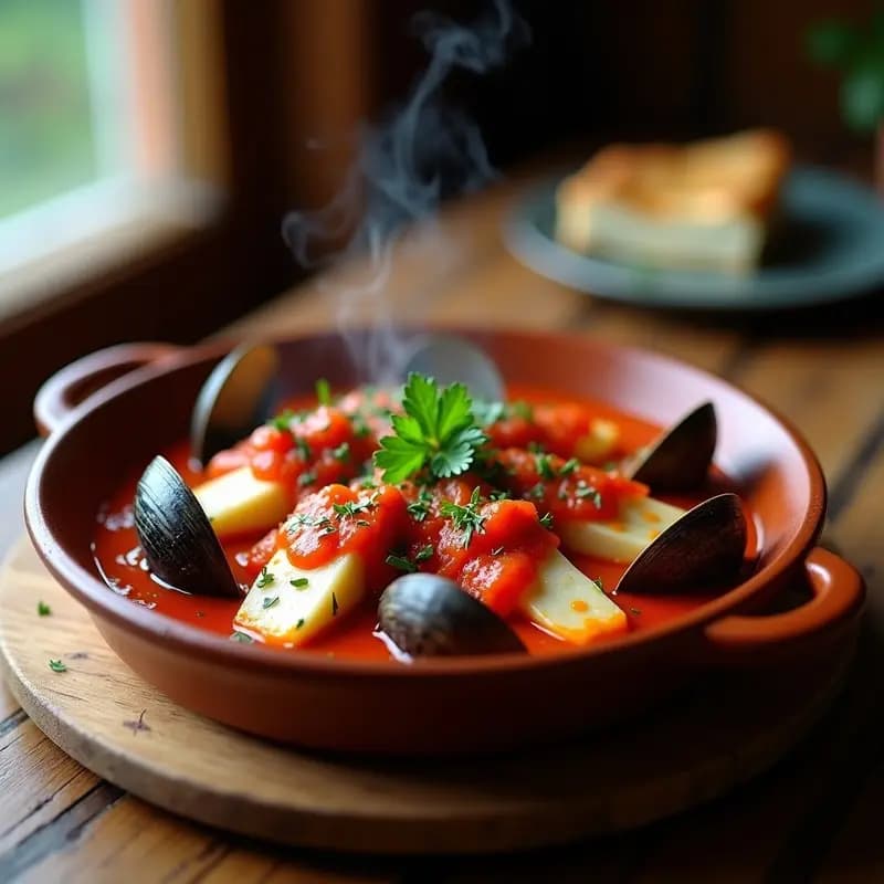 Cazuela de barro con bacalao a la vizcaína con almejas, bañado en salsa roja espesa de pimientos choriceros y tomate, decorado con perejil fresco. Plato tradicional vasco con sabores del mar.