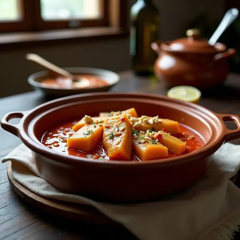 Cazuela de barro humeante con bacalao a la vizcaína y pimientos choriceros, salsa espesa de color rojo intenso con trozos de almendras, servido sobre fondo rústico de madera.