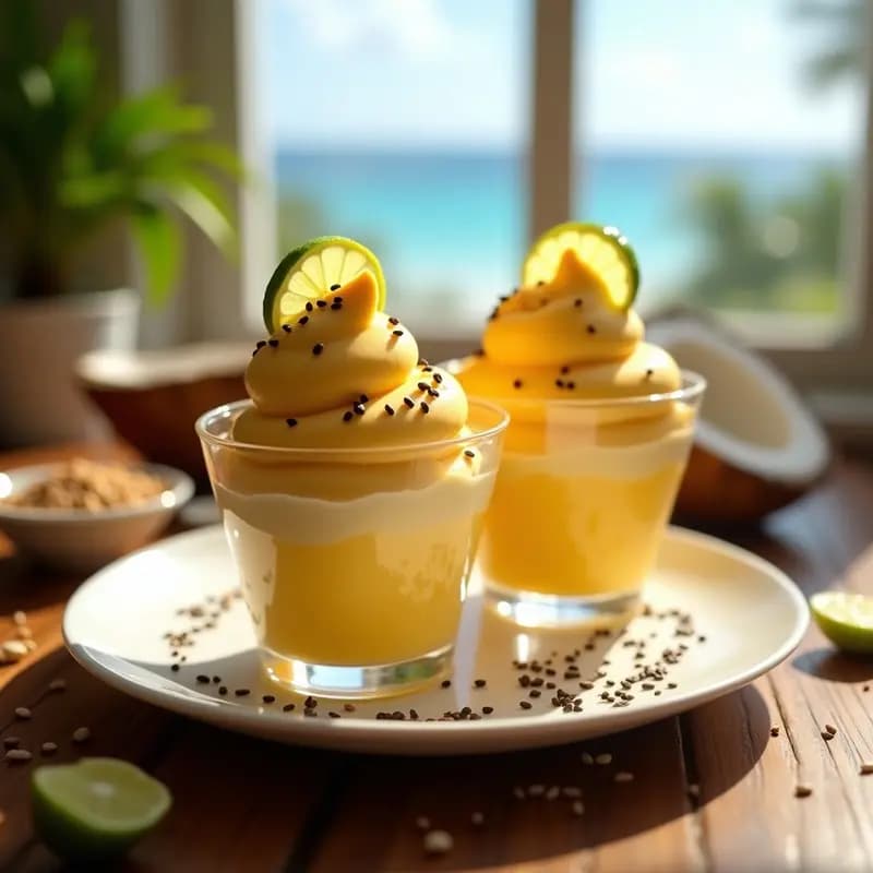 Helado colombiano vegano de mango y limón servido en copas de vidrio transparente, decorado con semillas de sésamo tostado y rodajas de limón tahití, con un fondo de playa tropical.