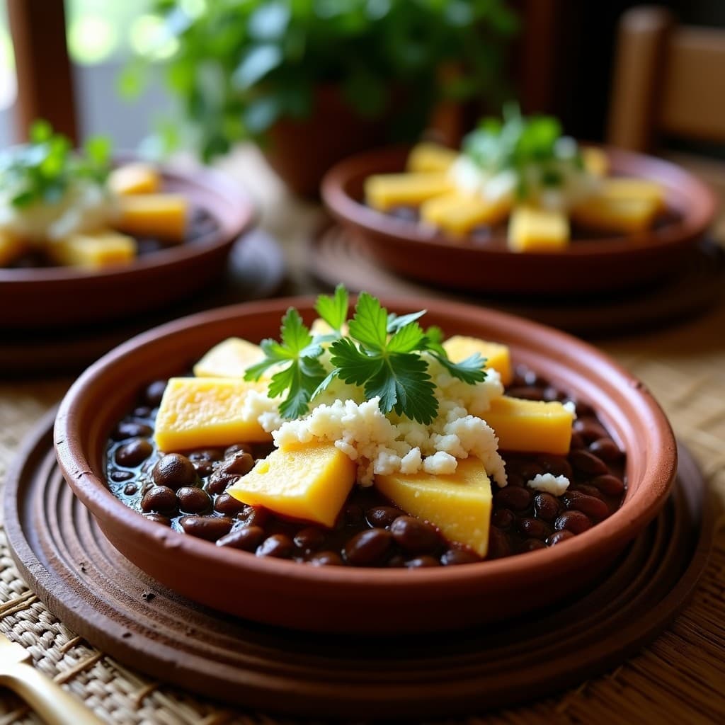 Bake cubano en molde de barro con capas visibles de frijoles negros, yuca en cubos dorados y queso cotija derretido, decorado con cilantro fresco y rodajas de limón.